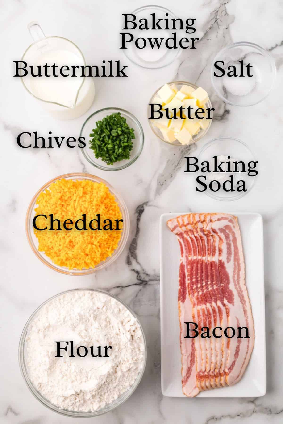 All ingredients needed to make bacon cheddar biscuits.