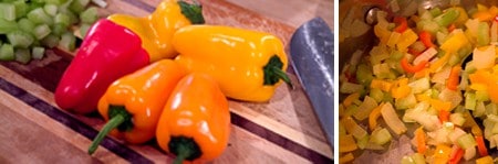 Photo collage showing vegetables being prepped.