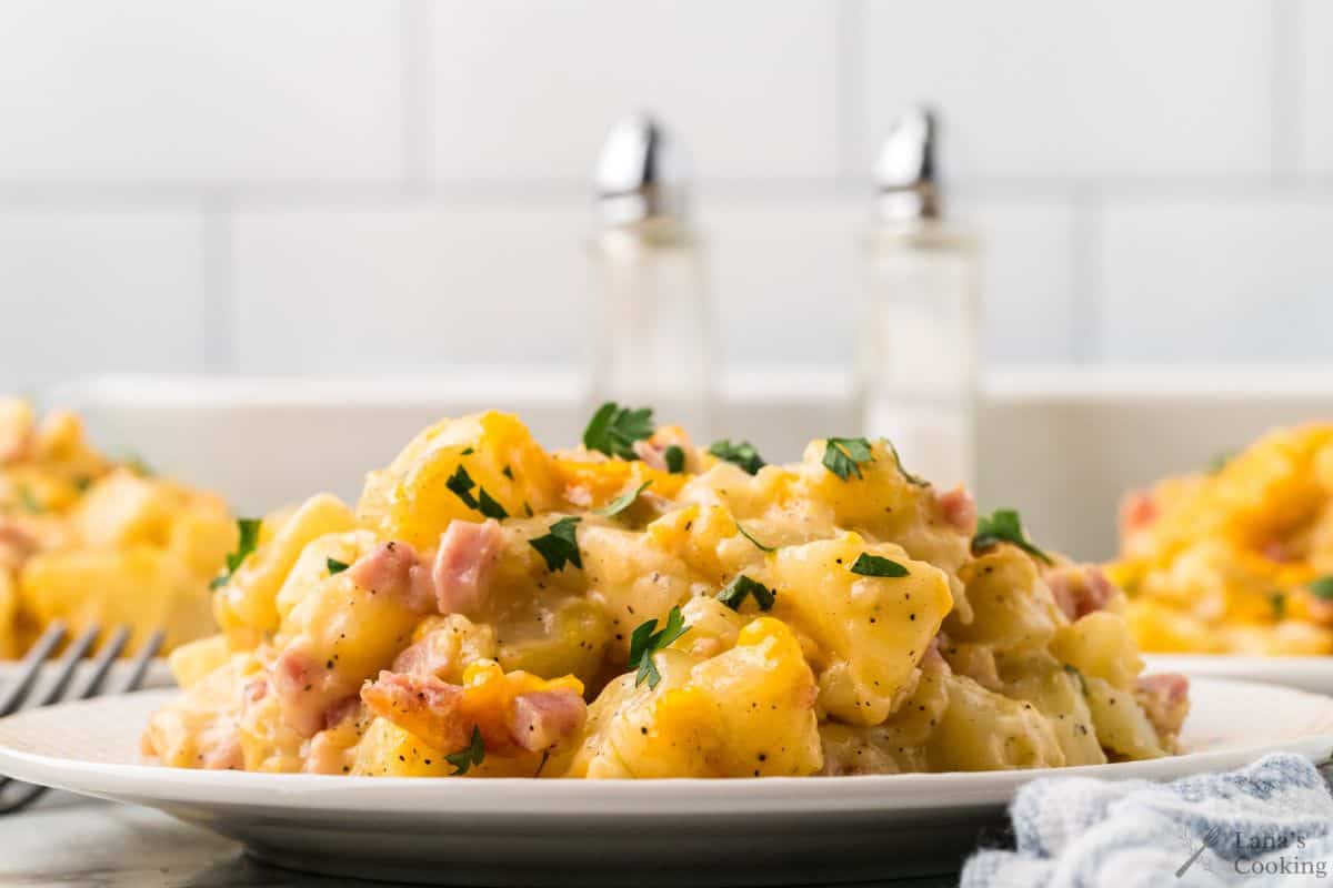 Ham and Potato Casserole on a white plate with salt and pepper shakers in the background.