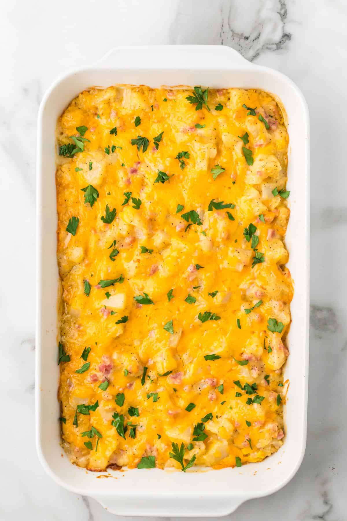 Baked cheesy casserole topped with melted cheese and chopped parsley in a white dish on a marble surface.