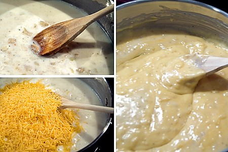 Adding milk and cheese to the sauce.