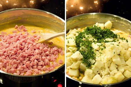 Adding ham, potatoes, and parsley to cheese sauce.