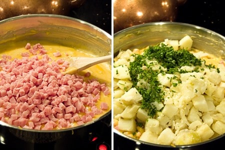 hampotatocass_ham&potatoes Adding ham, potatoes, and parsley to cheese sauce.