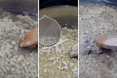 Photo collage showing the onions being sauteed and flour added.