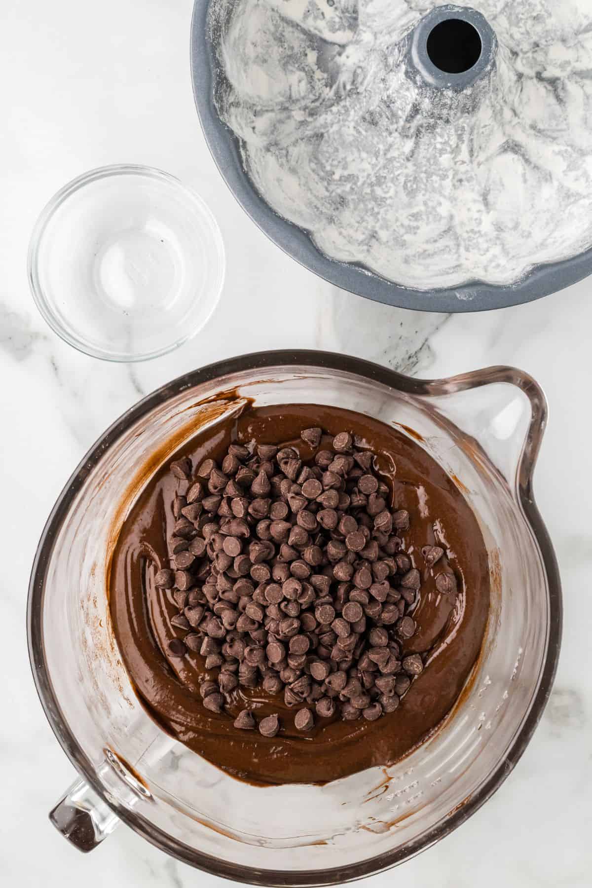 Chocolate chips added to the cake batter.