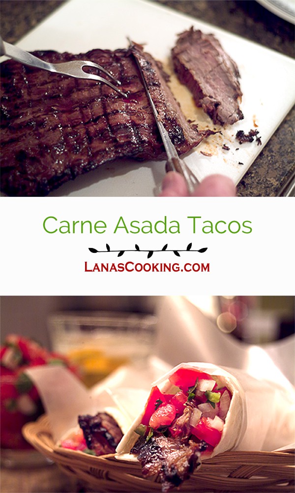 Carne Asada Tacos wrapped in paper and presented in a basket.