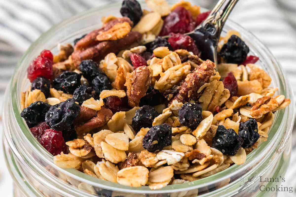 Homemade granola in a glass jar.