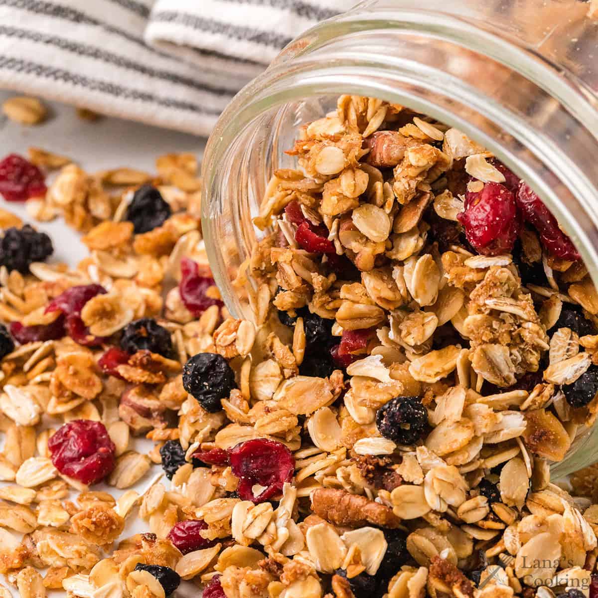 Homemade granola in a glass jar.