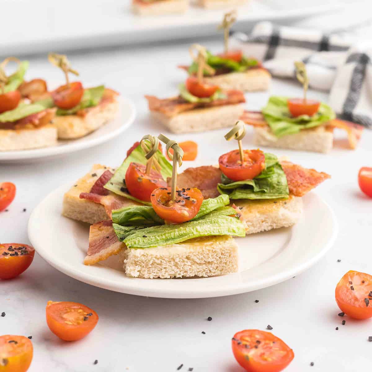 BLT Bites on a white serving plate.