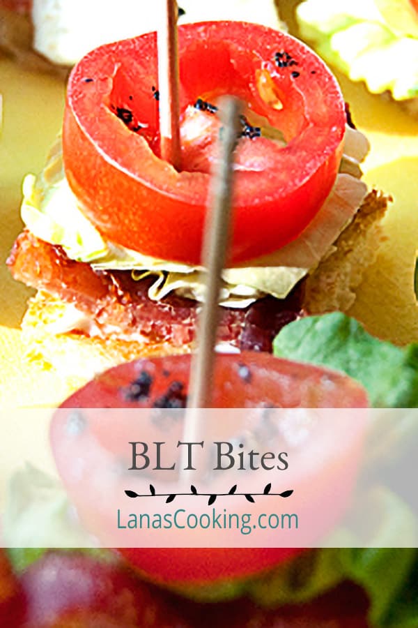 BLT Bites are perfect tiny appetizer sized single bite BLTs on sourdough bread. Serve with cocktails, as a first course, or as finger food for any party. https://www.lanascooking.com/blt-bites/