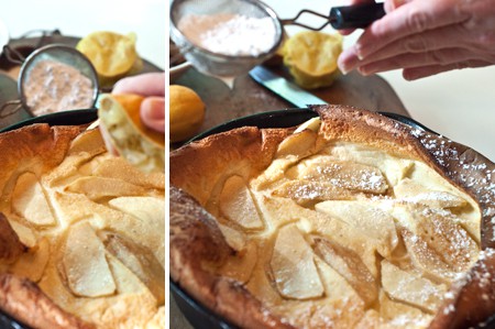 Adding lemon juice and powdered sugar to the finished pancake.