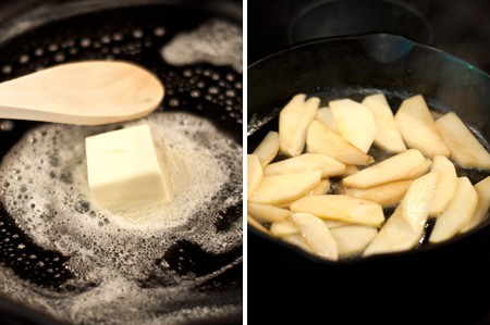 Melting butter in a skillet (left) and adding apple slices (right).