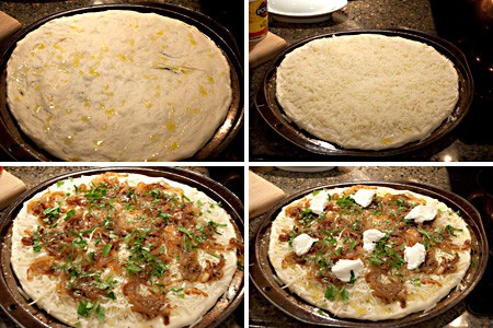Collage of photos showing placing the pizza crust in a pan and adding toppings.