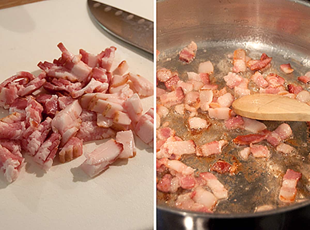 Chopped bacon cooking in a frying pan.