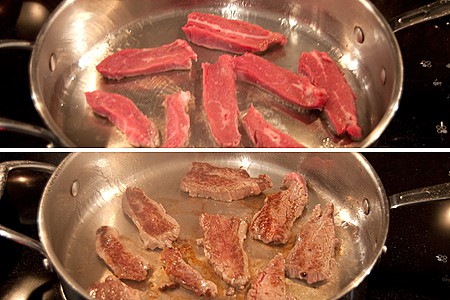 Browning beef strips for beef and scallion stir-fry