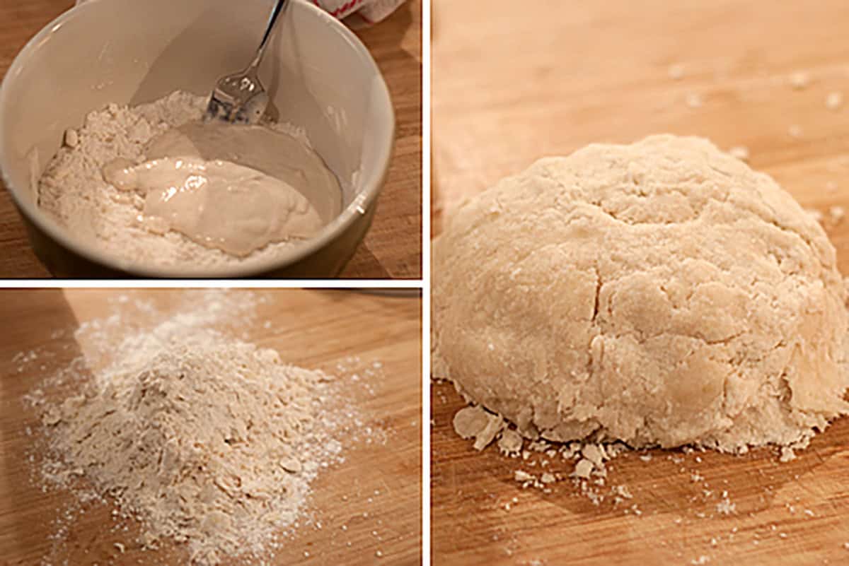 Three stages of dough making for an apricot thyme galette: mixing ingredients, flour on a board, and shaped dough ball on a wooden surface.