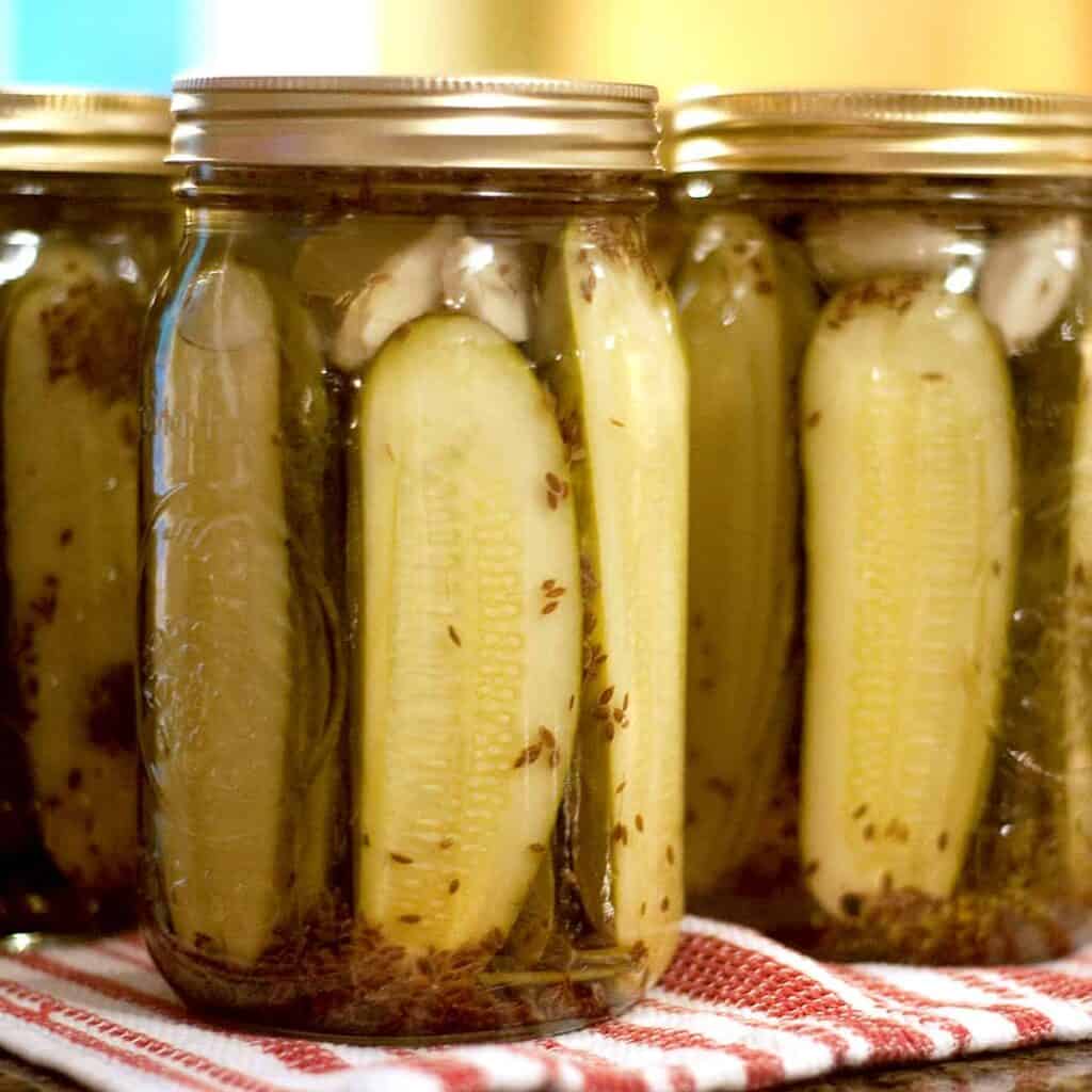 Jars of kosher dill pickles sitting on a kitchen towel.