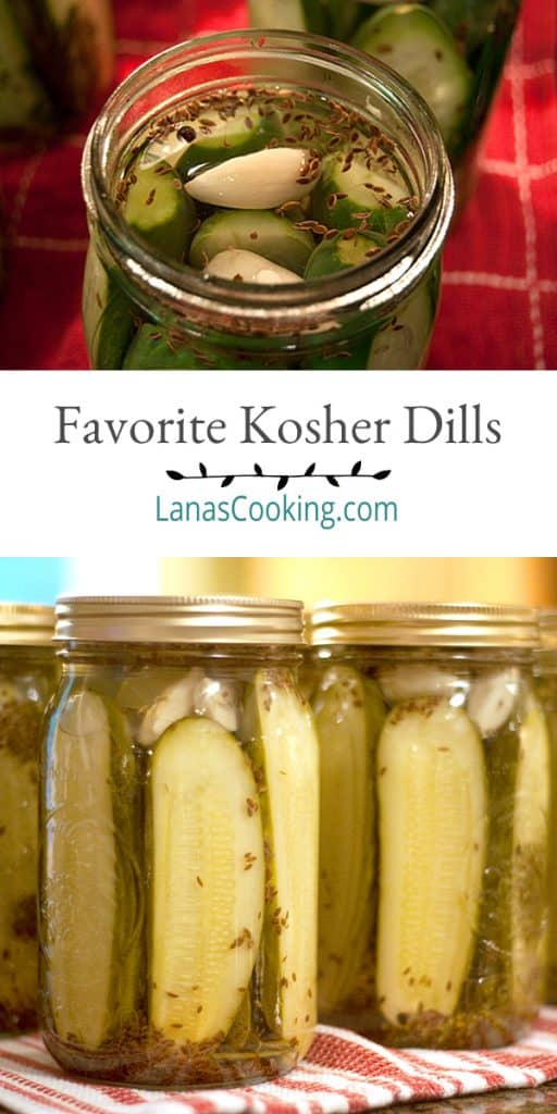 Glass jars of kosher dill pickles.