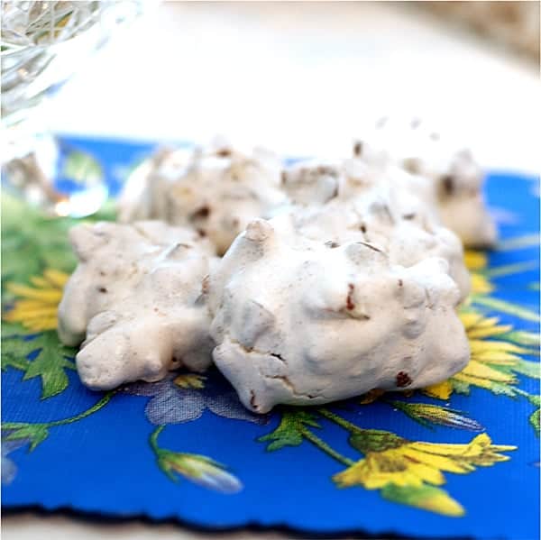 This vintage recipe for Forgotten Cookies is from an old cookbook in my collection. The cookies are bite-sized meringues full of chocolate chips and pecans. https://www.lanascooking.com/forgotten-cookies/