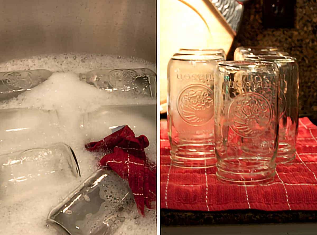 Sink filled with soapy water and jars; Clean jars draining on kitchen towel.