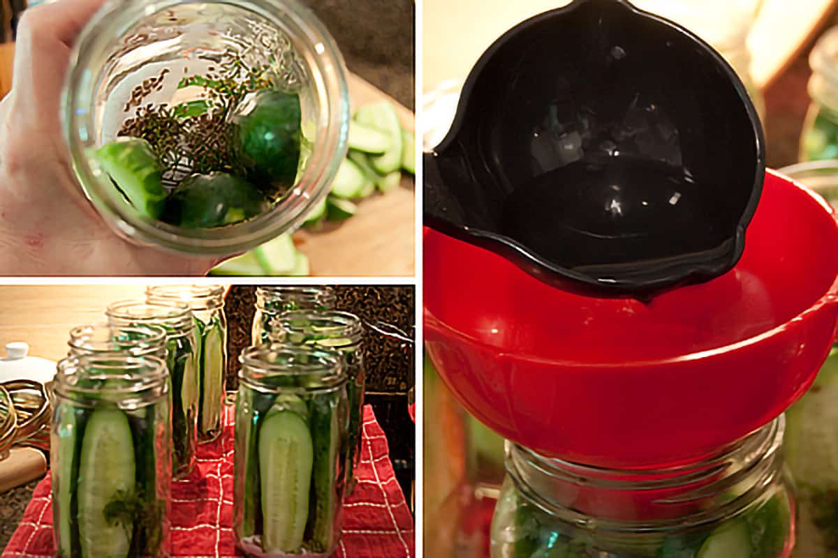 Photo collage showing process of packing jars with cucumbers and filling with hot pickling brine.