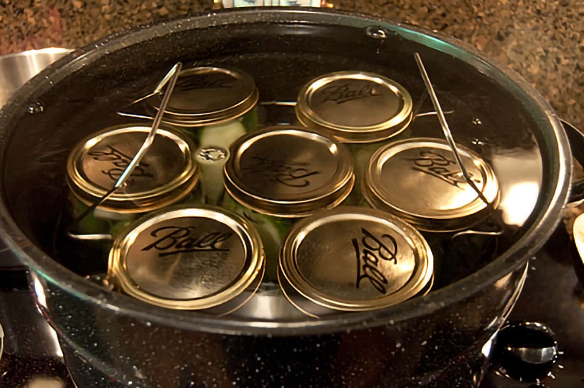 Seven filled jars in a water bath canner.