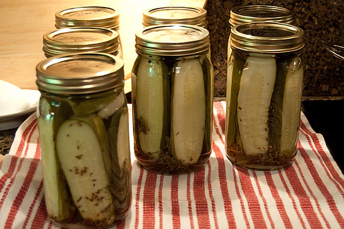 Seven jars of kosher dill pickles sitting on a kitchen towel.