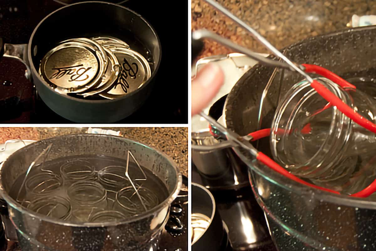 Photo collage showing canning jar lids and clean jars being held in water.