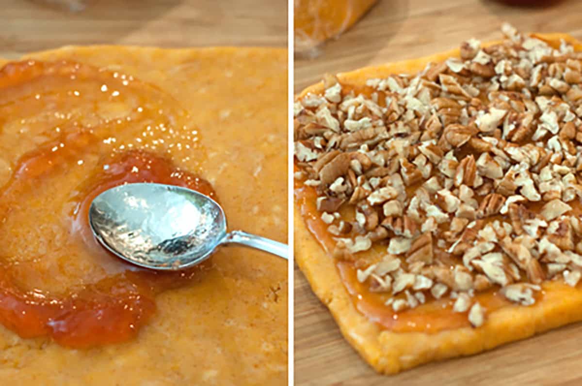 A spoon spreads jelly on a rectangle of dough in the left image; the right image shows the dough topped with chopped pecans.