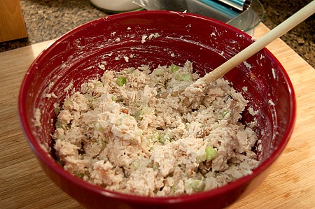 Chicken salad mix in a bowl.
