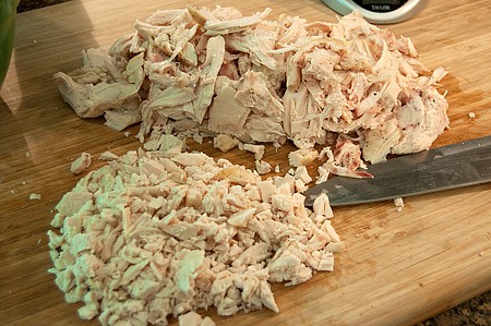Chopping and shredding cooked chicken.