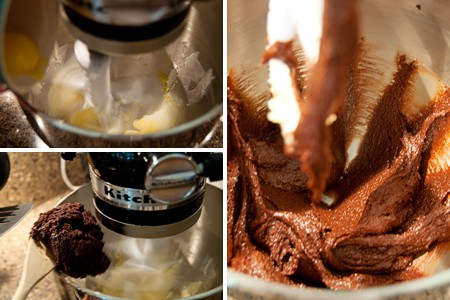 Photo collage showing the mixing of the chocolate cake batter.