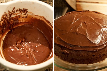 Making the cocoa frosting in a large mixing bowl.
