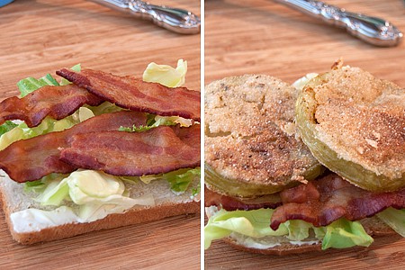 Photo collage showing how to assemble the sandwich.