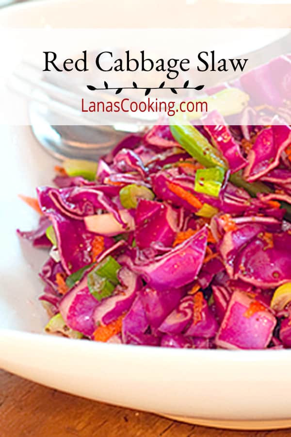 Red cabbage slaw with a sweet and tangy vinegar dressing. This slaw has no mayonnaise in the dressing so it's very low in calories. https://www.lanascooking.com/red-cabbage-slaw/