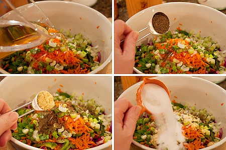 Adding spices and vinegar to the veggies in a bowl.