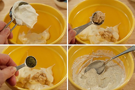 Photo collage showing steps for mixing the horseradish cream.