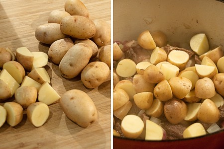 Diced potatoes added to pot.