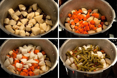 Add prepared veggies to the pressure cooker with the browned stew beef