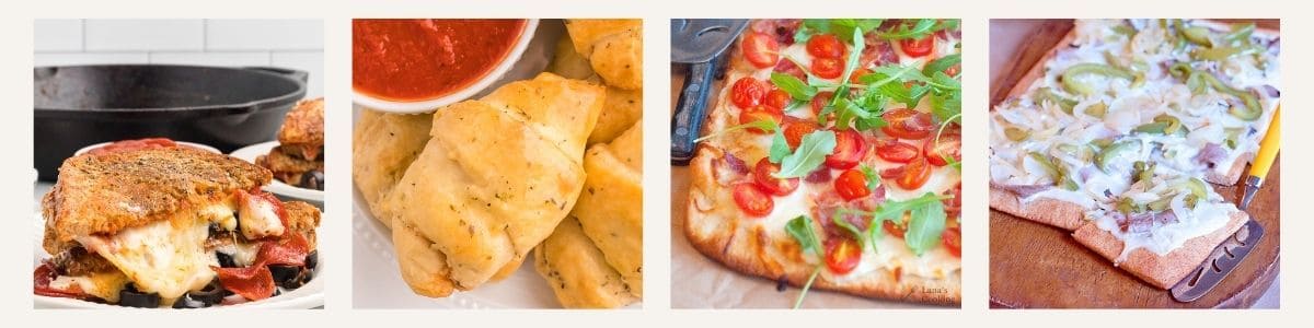 Four images of different foods: a grilled sandwich with melted cheese, breadsticks with marinara sauce, a pizza topped with tomatoes and greens, and a flatbread with onions and peppers.
