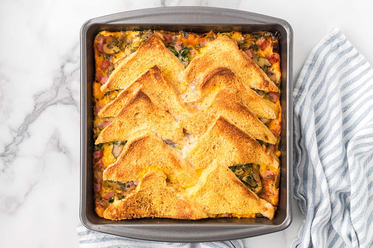Baked strata in a pan.