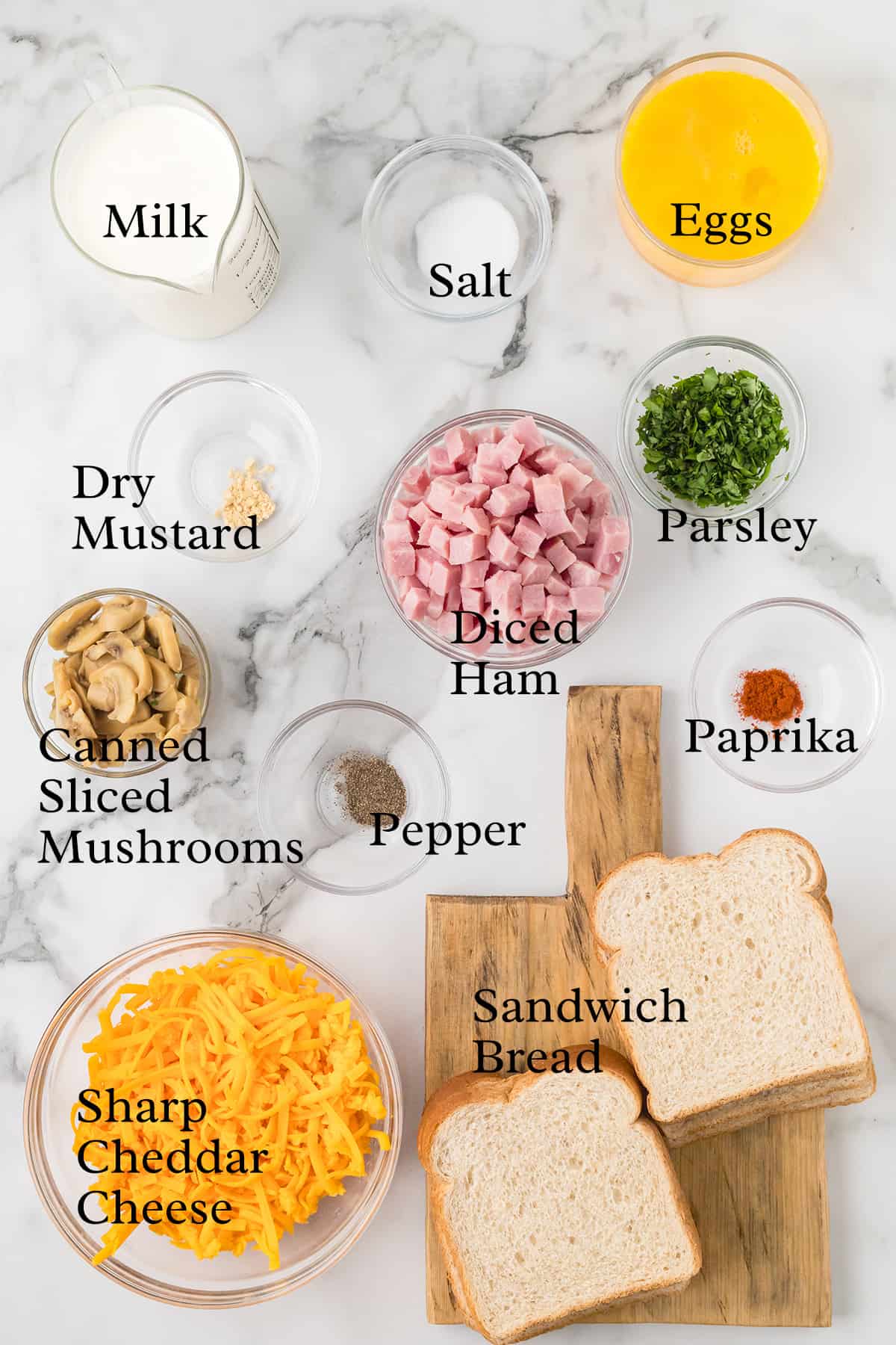 Ingredients needed for ham and cheese strata.