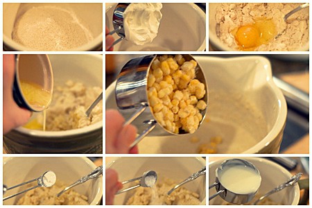 Photo collage of all ingredients being added to a mixing bowl.