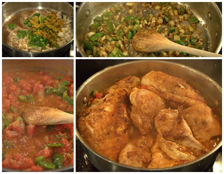 Photo collage illustrating the cooking of the vegetables and sauce.