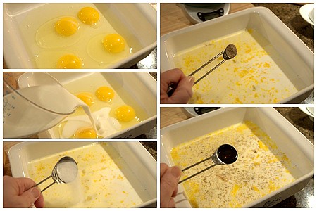 Making the egg mixture in a dish.