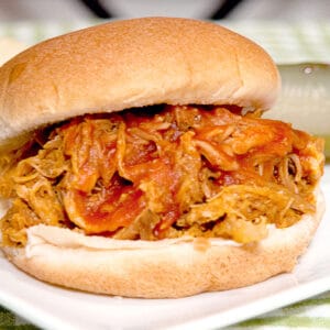 Pulled pork barbecue sandwich on a white serving plate.