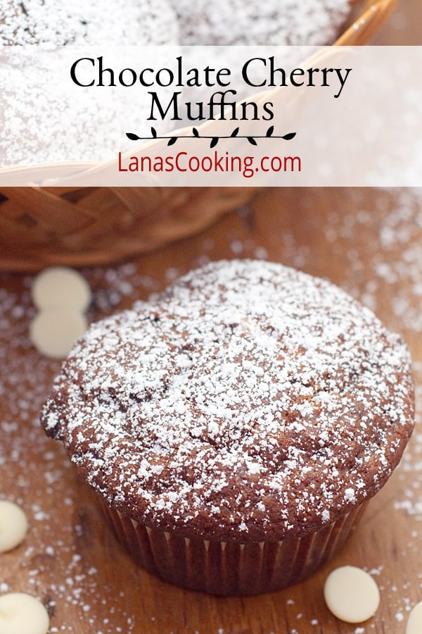 Chocolate Cherry Muffins with white chocolate chips and dried cherries. A quick to make, fun to eat, tempting sweet treat. https://www.lanascooking.com/chocolate-cherry-muffins/