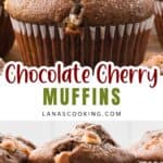Chocolate cherry muffins with powdered sugar on top, arranged closely together; text overlay reads “Chocolate Cherry Muffins”.