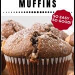 Close-up of chocolate cherry muffins with powdered sugar, labeled So Easy - So Good! and recipe link.
