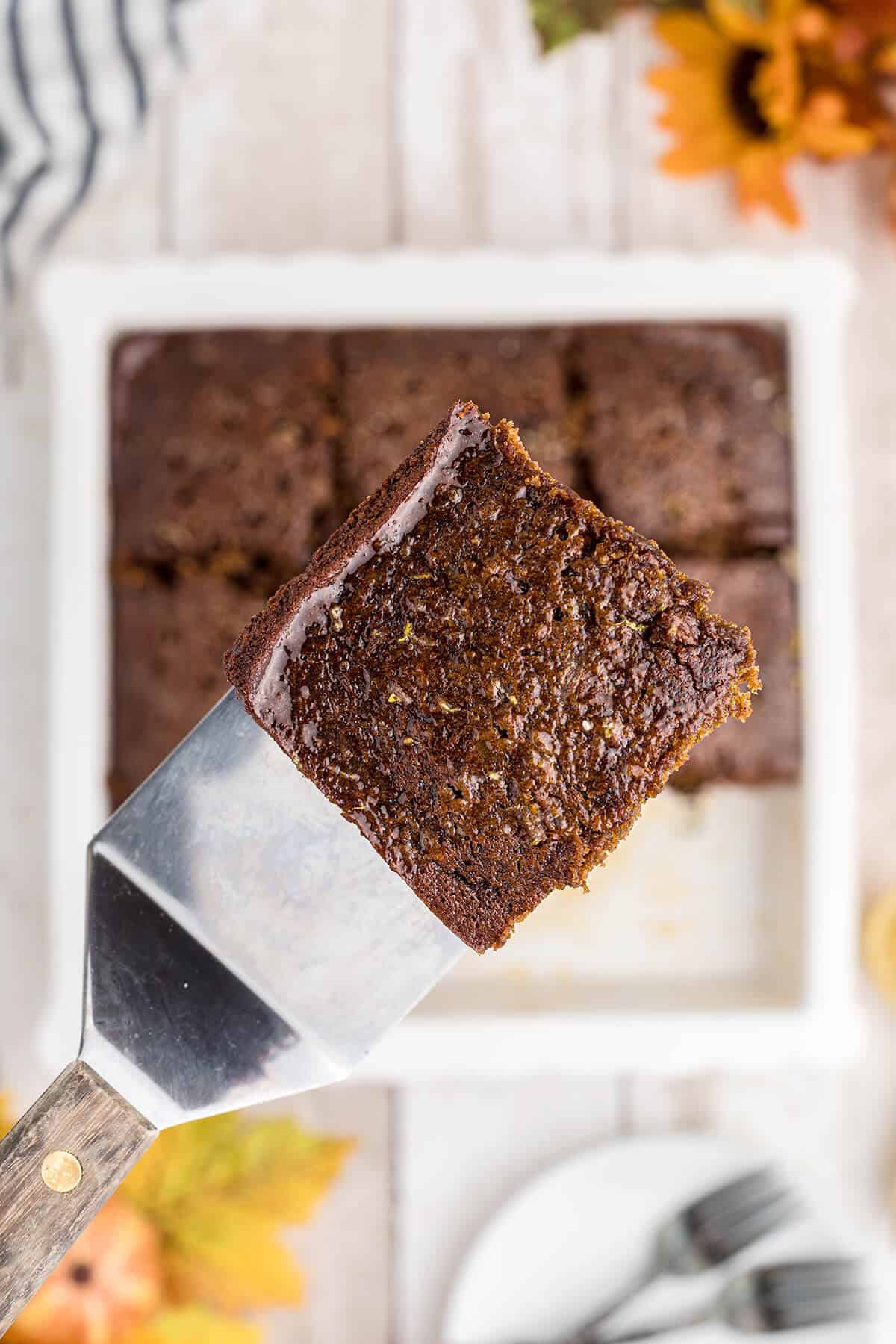 A serving of gingerbread on a spatula.